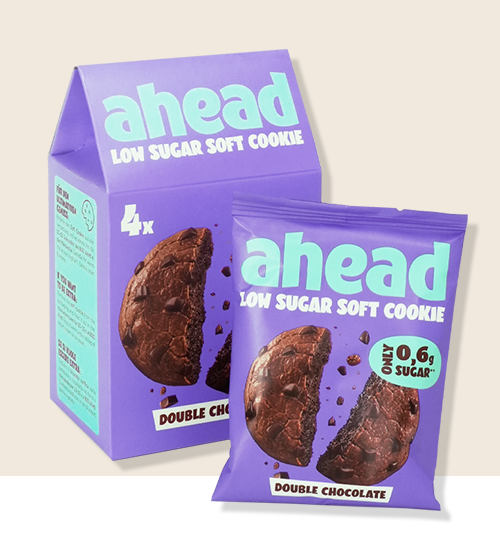 Purple packaging of low-sugar, double chocolate cookies from 'ahead' brand.