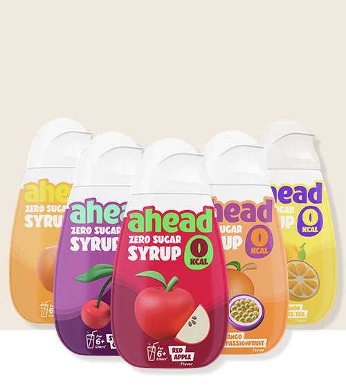 Bottles of Ahead zero sugar, zero calorie syrup in various fruit flavors.