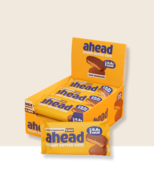 Box of 'ahead' peanut butter cups in yellow packaging.